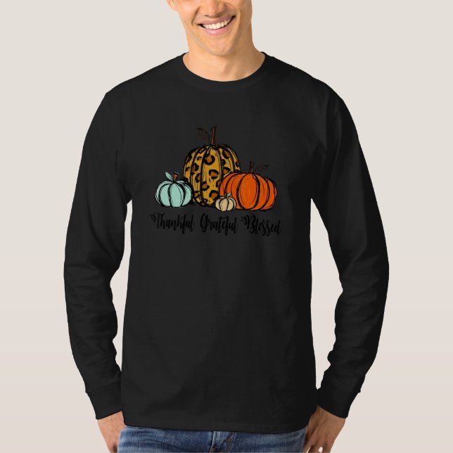 Thankful Grateful Blessed Pumpkin Leopard Plaid Th T-Shirt (Vorderseite)