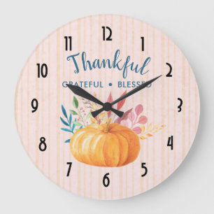 Thankful Grateful Blessed with Orange Pumpkin Große Wanduhr