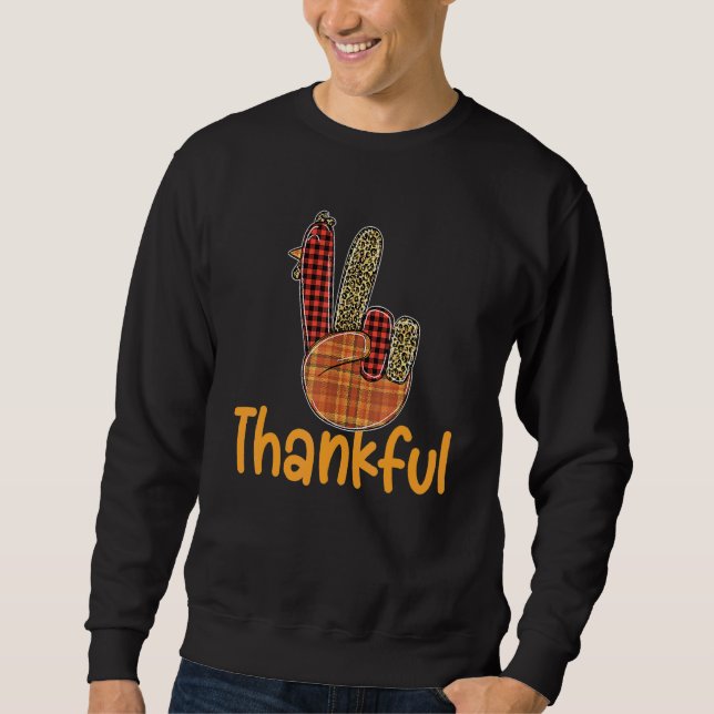 Thankful Turkey Hand Sign Peace Leopard Plaid Than Sweatshirt (Vorderseite)