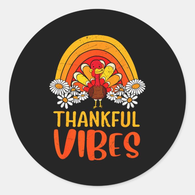 Thankful Vibes Turkey Retro Groovy Thanksgiving Ra Runder Aufkleber (Vorderseite)