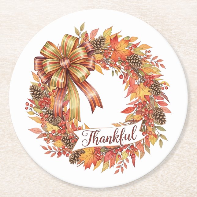 Thankful Wreath Runder Pappuntersetzer (Vorderseite)