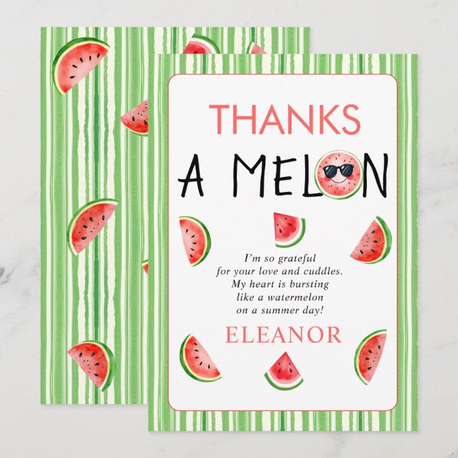 Thanks a Melon watercolor watermelon 1st birthday Dankeskarte (Vorne/Hinten)