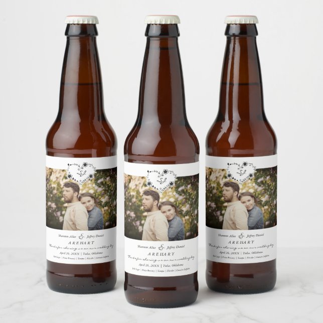 Thanks Floral Heart Wedding Photo Engaged Couple Bierflaschenetikett (Flaschen)