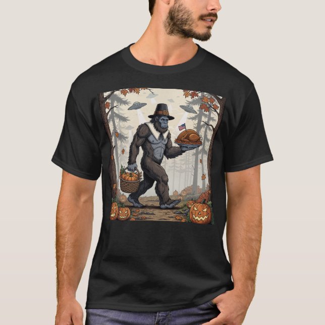 Thanksgiving Bigfoot UFO Funny Sasquatch Turkey T-Shirt (Vorderseite)