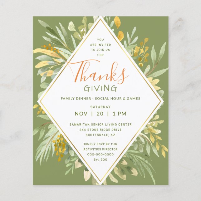 Thanksgiving Dinner Elegant Gold Leaves Greenery Flyer (Vorne)