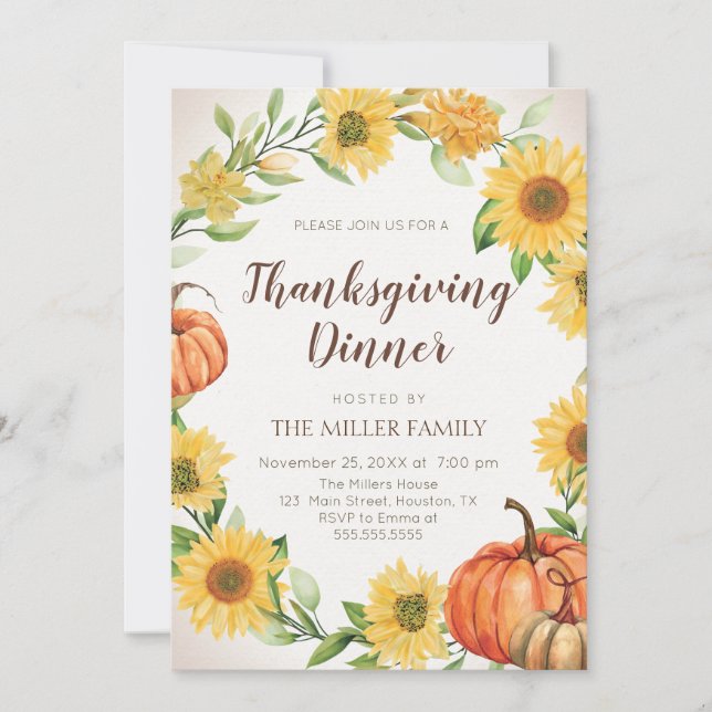 Thanksgiving Dinner Sunflowers & Pumpkins fall Einladung (Vorderseite)