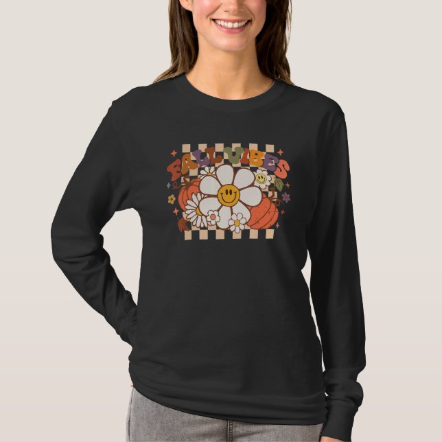 Thanksgiving Fall Vibes Retro Groovy Flower Pumpki T-Shirt (Vorderseite)