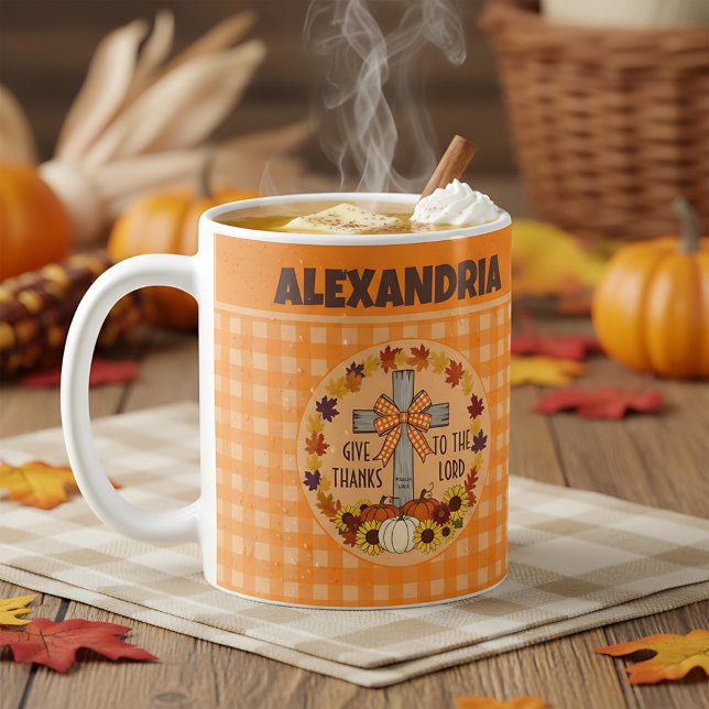 Thanksgiving Give Thanks To The Lord Orange Plaid Kaffeetasse (Von Creator hochgeladen)