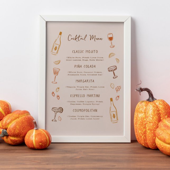 Thanksgiving Hand-Drawn Signature Cocktail Menu Poster (Friendsgiving or Thanksgiving signature cocktail menu sign with fall doodles)