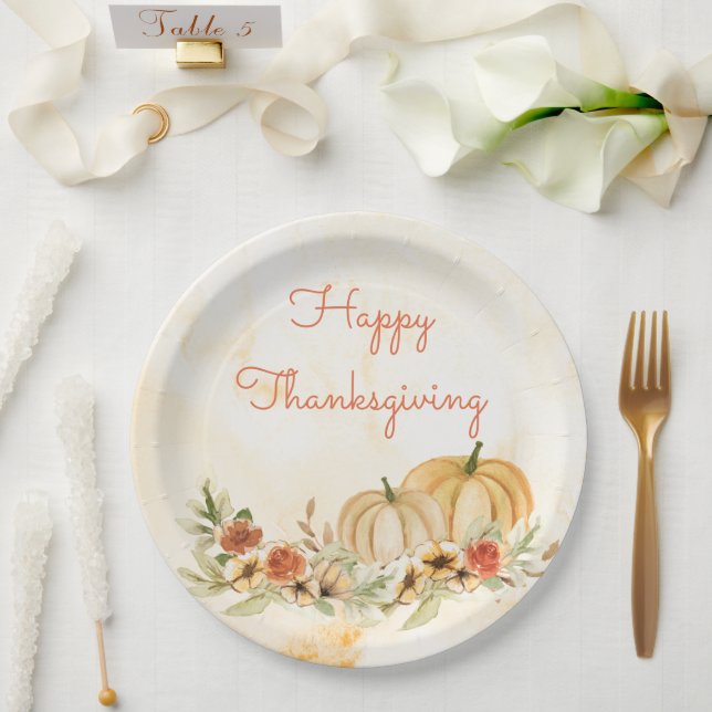 Thanksgiving-Kürbisse Floral Wasserfarbe Schrift Pappteller (Hochzeit)