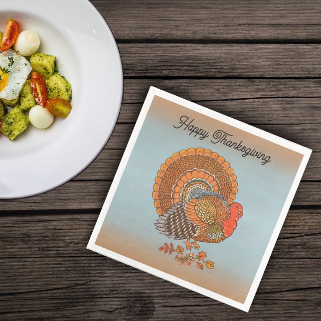Thanksgiving Male Turkey Fanned Tail Blue Orange Serviette (Male Turkey fanned tail Autumn leaves on blue burnt orange Thanksgiving paper napkins.)