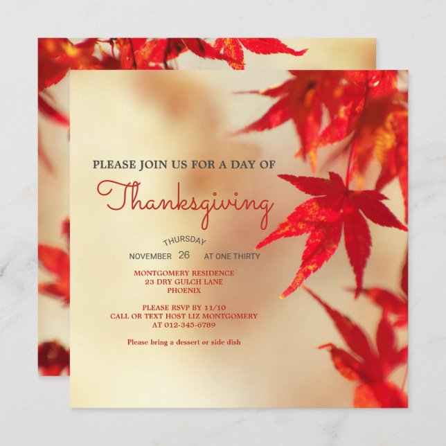 Thanksgiving Red Autumn Leaves Border Template Einladung (Vorne/Hinten)