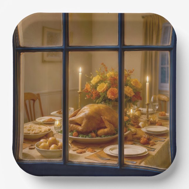 Thanksgiving Turkey Feast In Window Pappteller (Vorderseite)