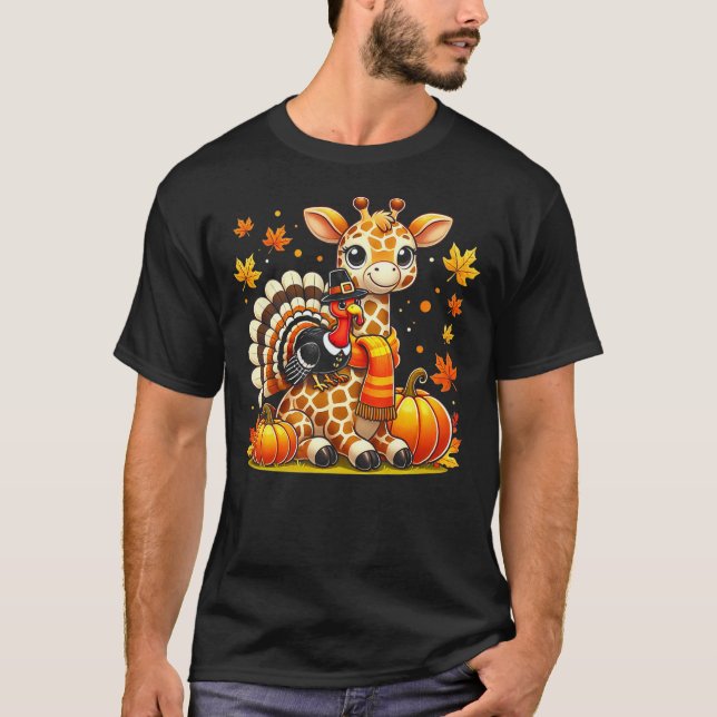 Thanksgiving Turkey Riding Giraffe With Fall Pumpk T-Shirt (Vorderseite)