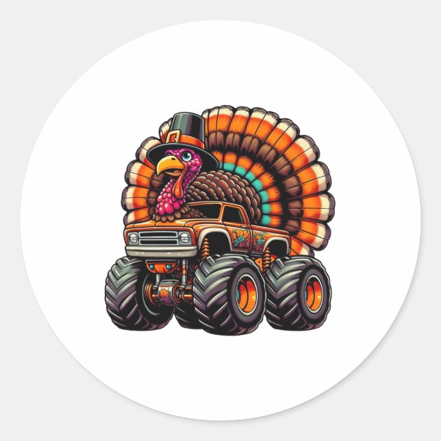 Thanksgiving Turkey Riding Monster Truck Boys Kids Runder Aufkleber (Vorderseite)