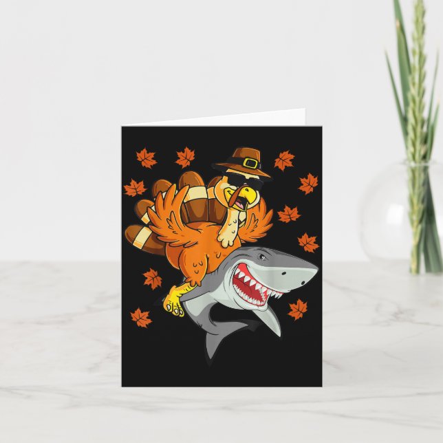 Thanksgiving Turkey Riding Shark Funny Autumn Boys Karte (Vorderseite)