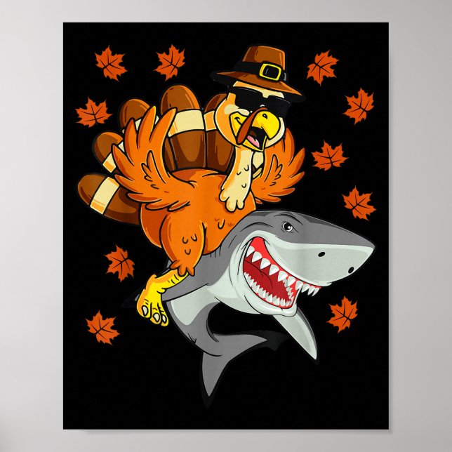 Thanksgiving Turkey Riding Shark Funny Autumn Boys Poster (Vorne)
