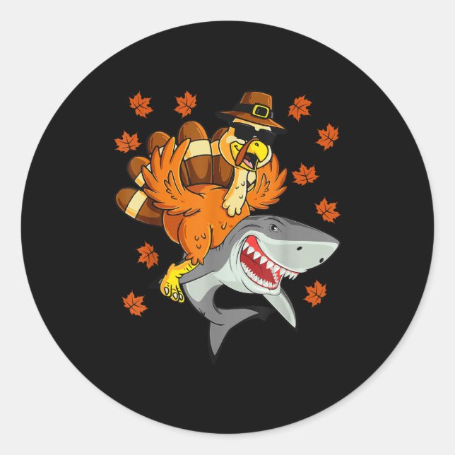 Thanksgiving Turkey Riding Shark Funny Autumn Boys Runder Aufkleber (Vorderseite)