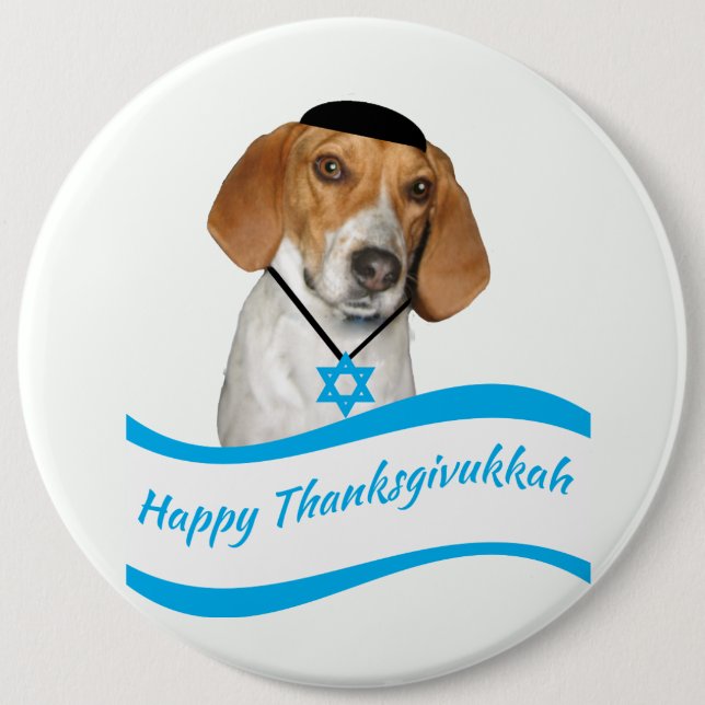 Thanksgivukkah Knopf-lustiger Jagdhund mit Yamaka Button (Vorderseite)