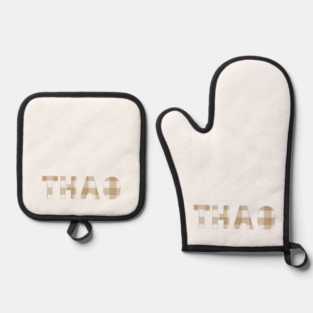 Thao Hmong Nachname Beige Kariert Ofenhandschuh & Topflappen-Set (Vorderseite)