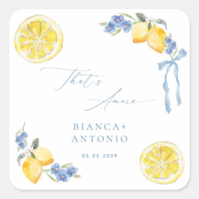 That's Amore Blue Bow Lemons Italian Wedding Favor Quadratischer Aufkleber (Vorderseite)