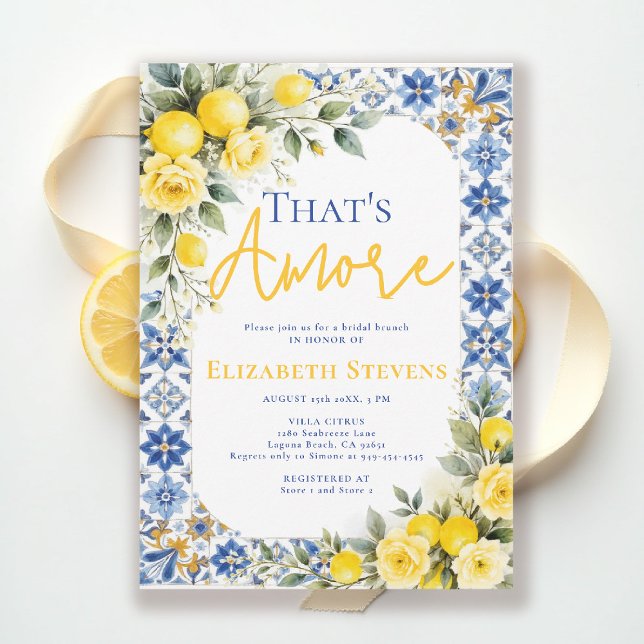 That's Amore Bridal Shower Lemon and Blue Floral Einladung (thats amore bridal shower theme lemon and blue italian summer invitation floral yellow roses)