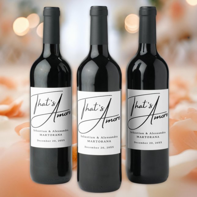 That's Amore! Elegant Black Script Wedding Weinetikett (That's Amore Elegant Script Wedding, engagement, or anniversary with custom names and date)