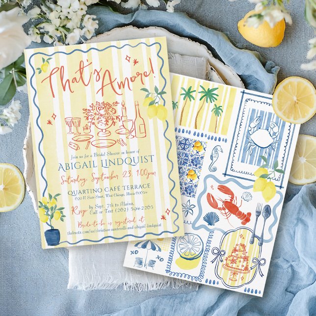 That's Amore Hand Drawn Coastal Bridal Shower Einladung (That's Amore yellow and blue coastal Italian Mediterranean tiles and lemons bridal shower invitation)