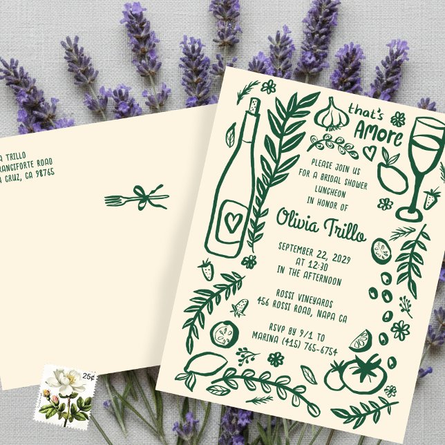That's Amore Italian Food CUSTOM Bridal Shower  Postkarte (That's Amore Italian Food Hand-drawn Doodle CUSTOM Bridal Shower Postcard Inviation
)