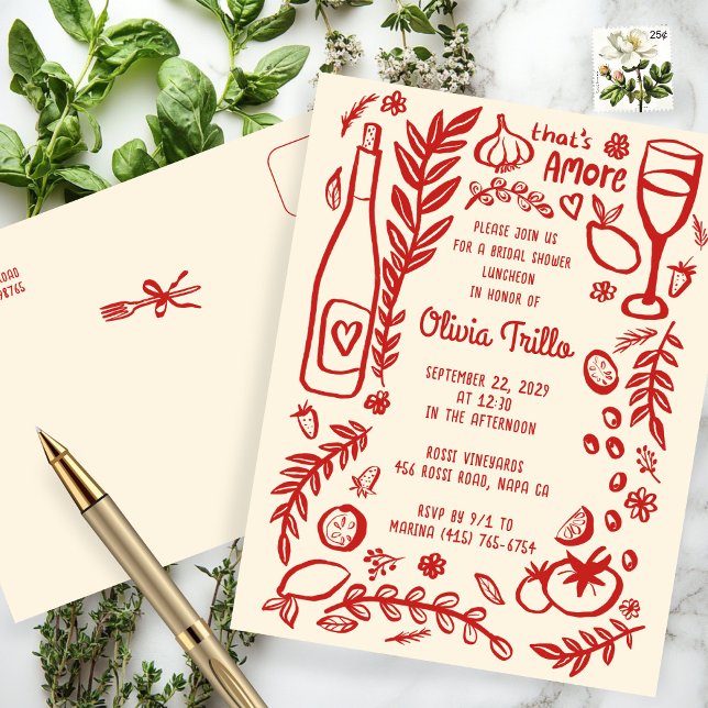 That's Amore Italian Food CUSTOM Bridal Shower Postkarte (That's Amore Italian Food Hand-drawn Doodle CUSTOM Bridal Shower Invitation Postcard
)
