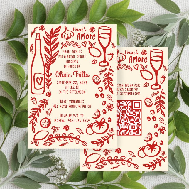 That's Amore Italian Food CUSTOM Bridal Shower QR  Einladung (That's Amore Hand-drawn Doodle Italian Food CUSTOM QR code Bridal Shower Party Invitation
)