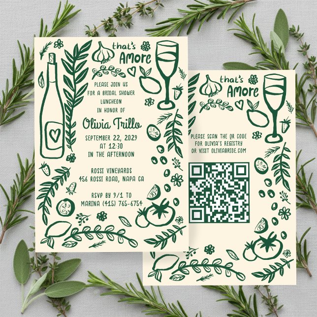 That's Amore Italian Food CUSTOM Bridal Shower QR  Einladung (That's Amore Italian Food Hand-drawn Doodle CUSTOM QR Code Bridal Shower Party Invitation
)