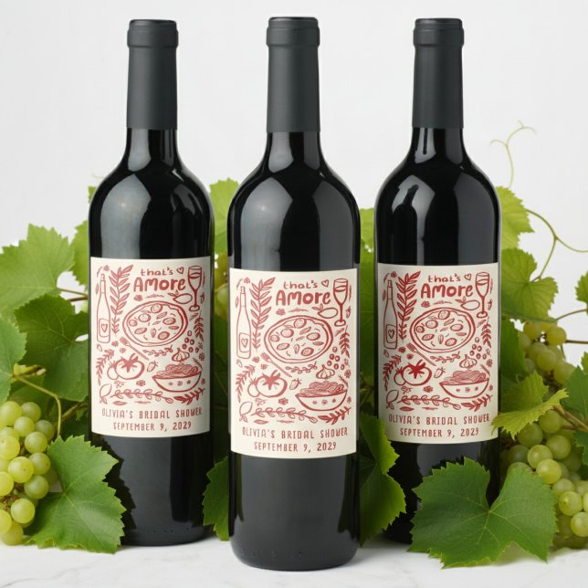 That's Amore Italian Food CUSTOM Bridal Shower Weinetikett (That's Amore Italian Food Hand-drawn Doodle CUSTOM Bridal Shower Wine Food Label Sticker
)