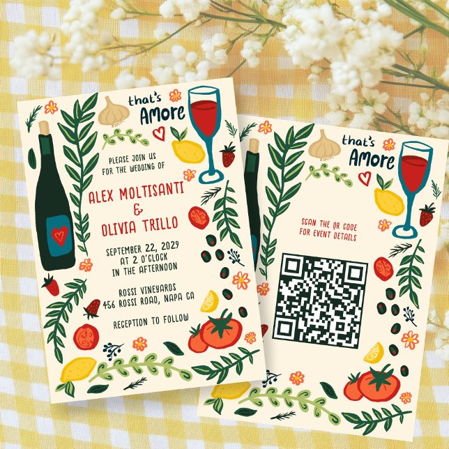 That's Amore Italian Food CUSTOM QR Wedding Party  Einladung (That's Amore Italian Food CUSTOM QR Hand-drawn Charming Wedding Party Invitation
)