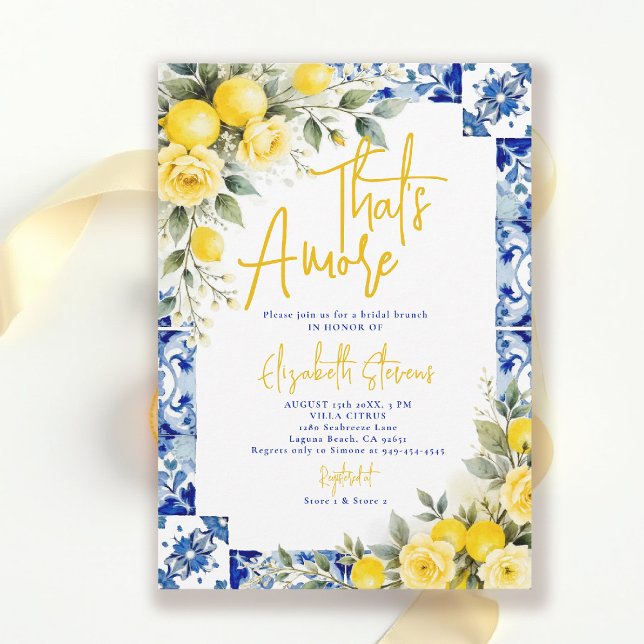 That's Amore Lemon and Blue Floral Bridal Shower  Einladung (thats amore bridal shower theme lemon and blue italian summer invitation yellow roses floral)