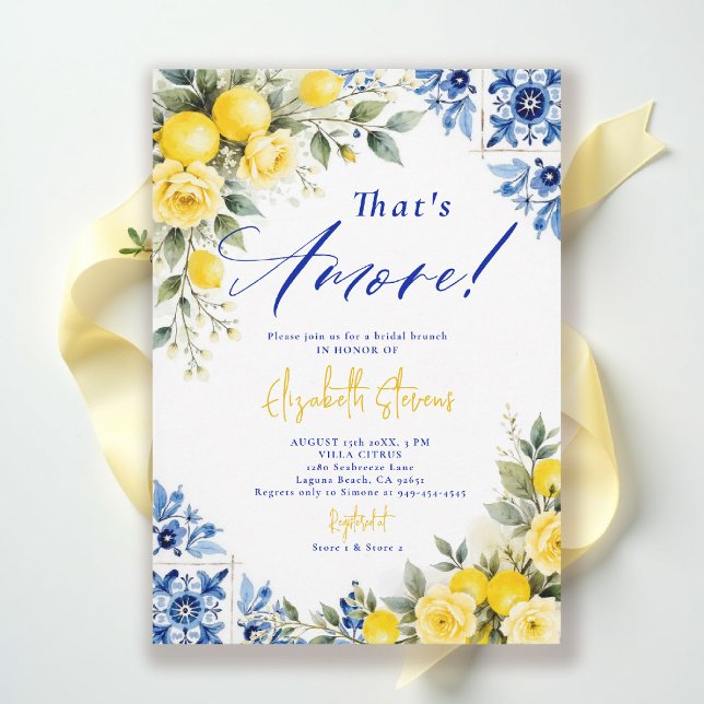 That's Amore Lemon Blue Frame Roses Bridal Shower  Einladung (thats amore bridal shower theme lemon blue tile italian summer invitation yellow roses floral)