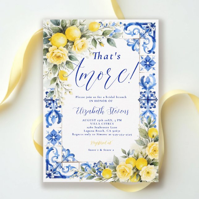 That's Amore Lemon Blue Tile Floral Bridal Shower  Einladung (thats amore bridal shower theme lemon blue tile frame italian summer invitation yellow roses floral)