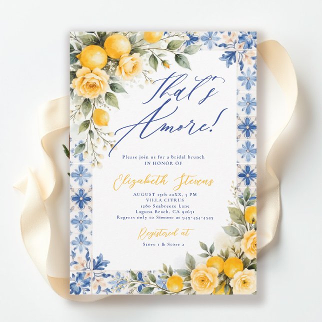 Thats Amore Lemon Blue Tile Italian Bridal Shower  Einladung (thats amore bridal shower theme lemon blue tile frame italian summer invitation yellow floral script)