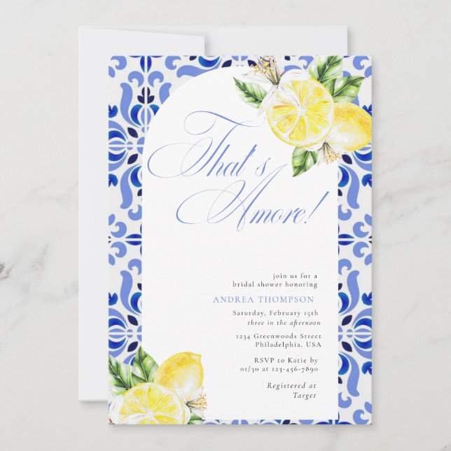 That's Amore Lemon Italian Blue Tile Bridal Shower Einladung (Vorderseite)