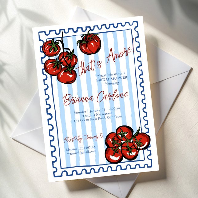 That's amore tomato blue Italian bridal shower Einladung (That's amore tomato blue stripes post stamp Italian bridal shower Invitation cards template)