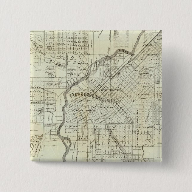 Thayers Karte von Denver Colorado Button (Vorderseite)