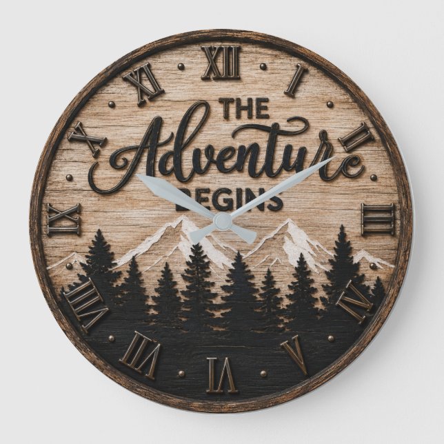 The Adventure Begins Rustic Mountain Cabin Große Wanduhr (Vorderseite)