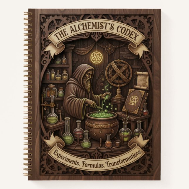 The Alchemist's Codex 3D Wood Carved Journal Notizbuch (Vorderseite)