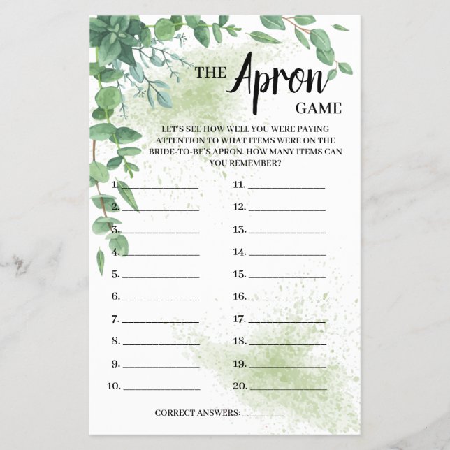 The Apron Game Eucalyptus Bridal Shower Game Card Flyer (Vorne)
