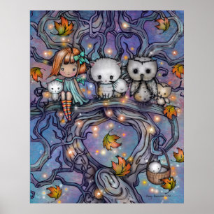 The Autumn Tree - Cats Owls Fairy Art Poster