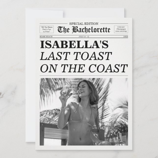 The Bachelorette Newspaper Last Toast On The Coast Einladung (Vorderseite)