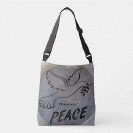 The bag features peace dove and scripture. tragetaschen mit langen trägern