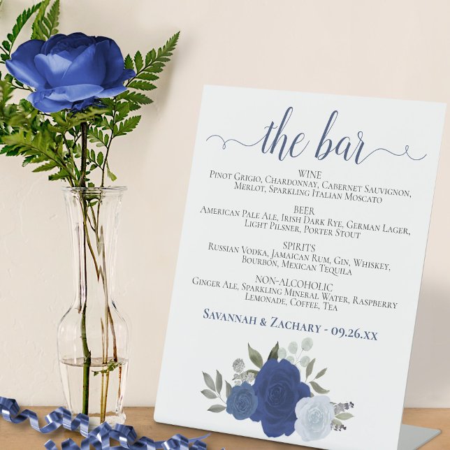 The Bar - Blue Boho Rose Drinks Menü Hochzeit Sockelschild (Von Creator hochgeladen)
