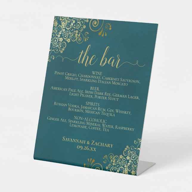 The Bar - Dark Teal & Gold Drinks Menu Wedding Sockelschild (Vorderseite)