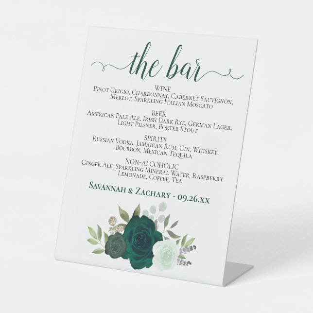The Bar - Emerald Green Rose Drinks Menu Wedding Sockelschild (Vorderseite)